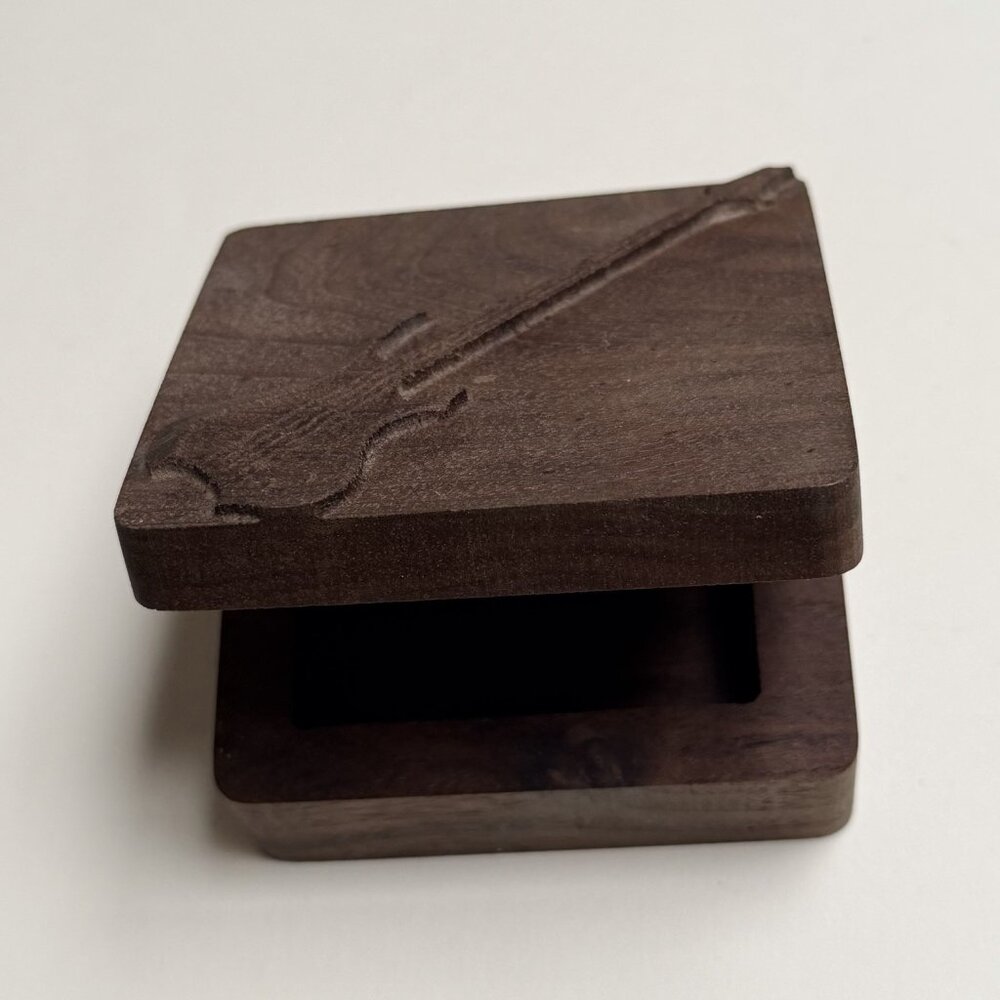 Wooden Carved Guitar On Lid Keepsake Jewelry Trinket Box Gift Decor Wood